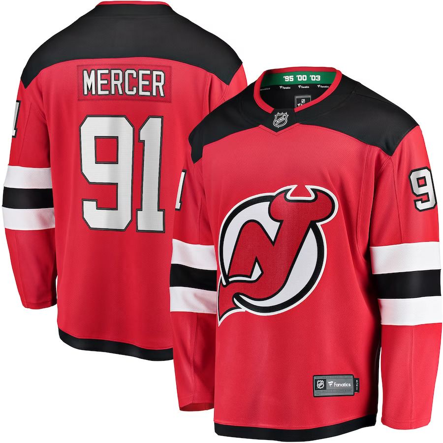 Men New Jersey Devils 91 Dawson Mercer Fanatics Branded Red Home Breakaway NHL Jersey